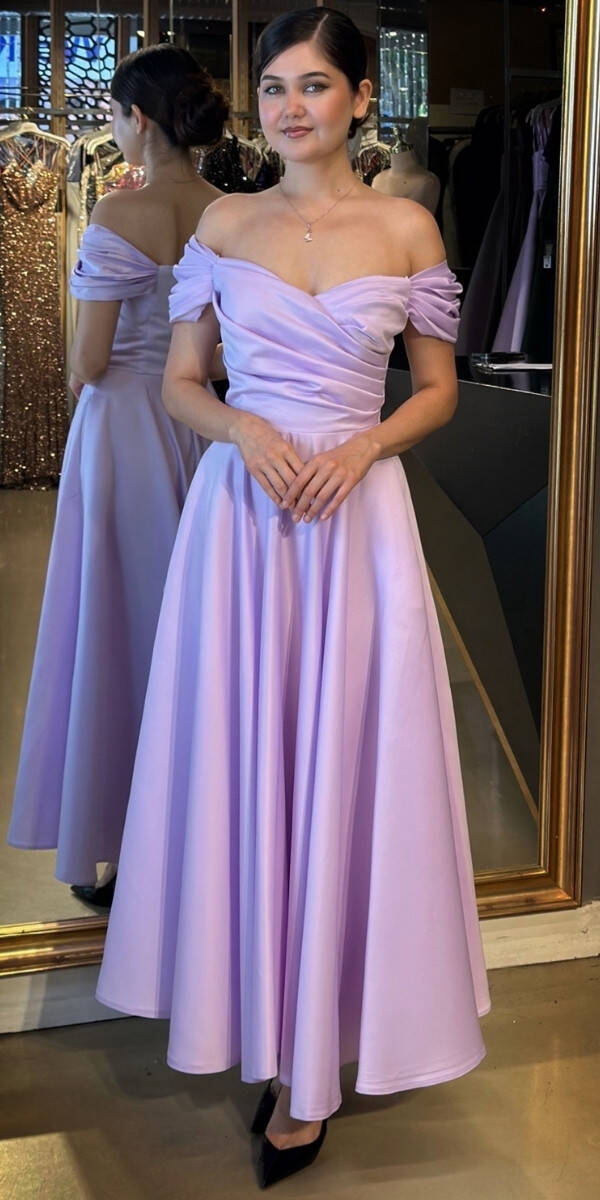 Lila Madonna Yaka Kloş Etekli Saten Midi Abiye Elbise 7672 - 1