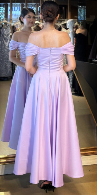 Lila Madonna Yaka Kloş Etekli Saten Midi Abiye Elbise 7672 - 5