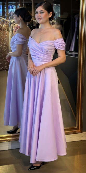 Lila Madonna Yaka Kloş Etekli Saten Midi Abiye Elbise 7672 - 2