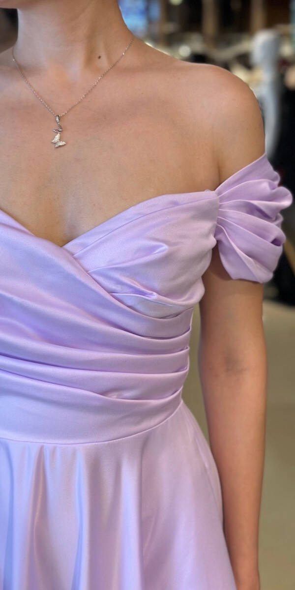 Lila Madonna Yaka Kloş Etekli Saten Midi Abiye Elbise 7672 - 4