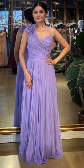 Lila Tek Omuzlu Kloş Etekli Şifon Tül Uzun Abiye Elbise 11081-04 - abiyeniall