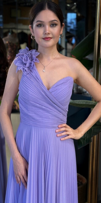 Lila Tek Omuzlu Kloş Etekli Şifon Tül Uzun Abiye Elbise 11081-04 - 3