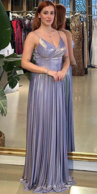 Lila V Yaka İp Askılı Kloş Etekli Parlak Kumaş Uzun Abiye Elbise 11143-03 