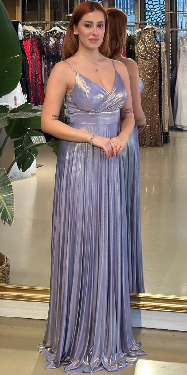 Lila V Yaka İp Askılı Kloş Etekli Parlak Kumaş Uzun Abiye Elbise 11143-03 - 1