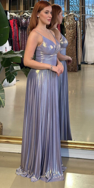 Lila V Yaka İp Askılı Kloş Etekli Parlak Kumaş Uzun Abiye Elbise 11143-03 - 2