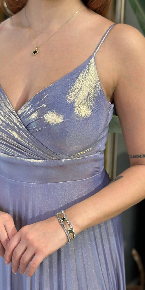 Lila V Yaka İp Askılı Kloş Etekli Parlak Kumaş Uzun Abiye Elbise 11143-03 - 4