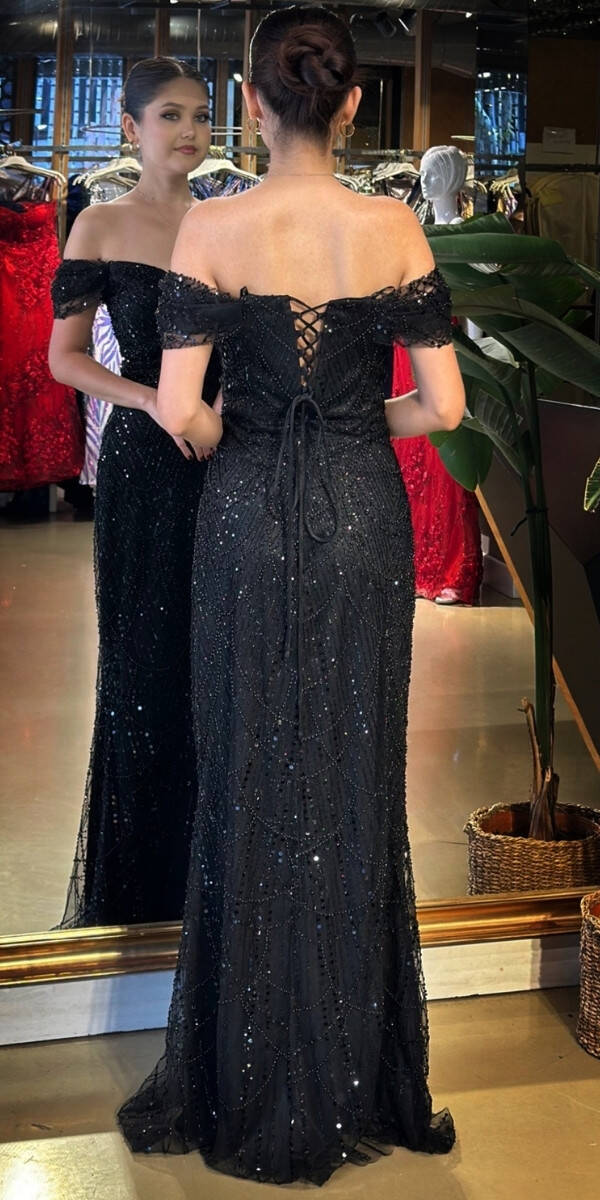 Mat Siyah Sırt Dekolteli Düz Kesim Pullu Boncuklu Uzun Abiye Elbise 11044 - 5