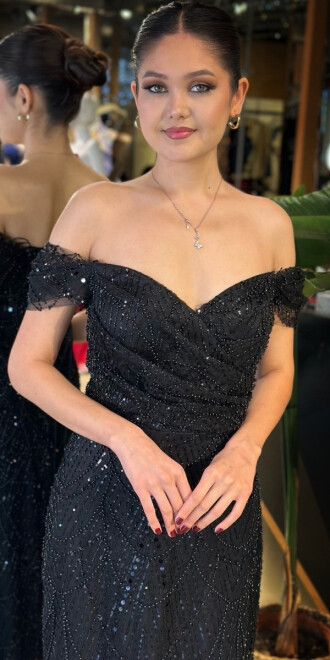 Mat Siyah Sırt Dekolteli Düz Kesim Pullu Boncuklu Uzun Abiye Elbise 11044 - 3