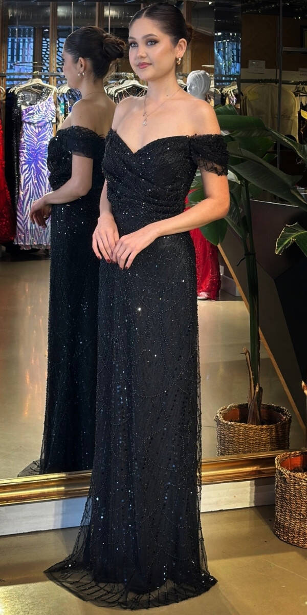 Mat Siyah Sırt Dekolteli Düz Kesim Pullu Boncuklu Uzun Abiye Elbise 11044 - 2