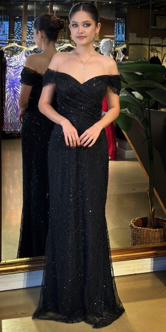 Mat Siyah Sırt Dekolteli Düz Kesim Pullu Boncuklu Uzun Abiye Elbise 11044 - 1