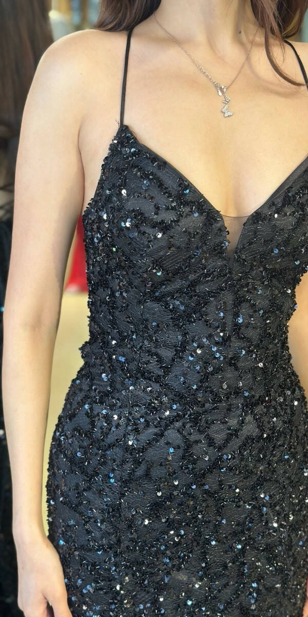 Mat Siyah V Yaka İp Askılı Sırt Dekolteli Balık Etekli Pul Payet Uzun Abiye Elbise 11112-06 - 4