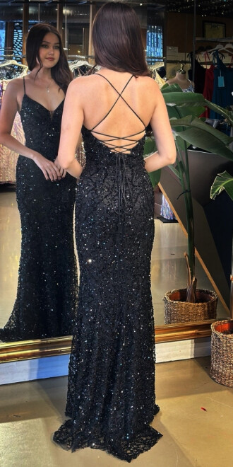 Mat Siyah V Yaka İp Askılı Sırt Dekolteli Balık Etekli Pul Payet Uzun Abiye Elbise 11112-06 - 5