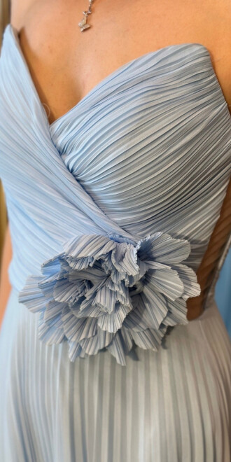 Mavi Straplez Yaka Çiçek Detaylı Kloş Etekli Tül Uzun Abiye Elbise 11003 - 4