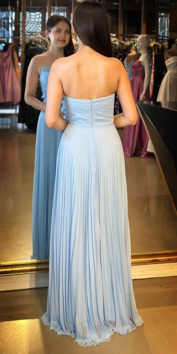 Mavi Straplez Yaka Çiçek Detaylı Kloş Etekli Tül Uzun Abiye Elbise 11003 - 5