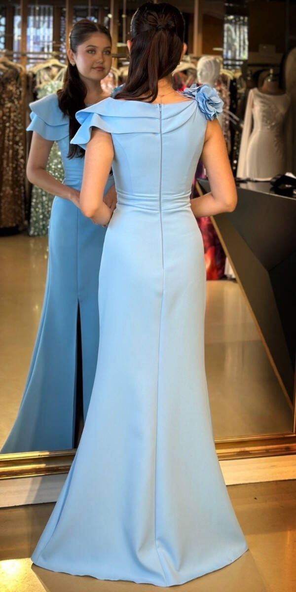 Mavi Çiçek Detaylı Yırtmaçlı Düz Kesim Krep Uzun Abiye Elbise 11027 - 5