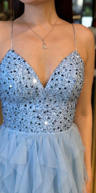 Mavi İp Askılı Boncuk İşlemeli Sırt Dekolteli Kloş Etekli Tül Uzun Abiye Elbise 7588 - 3