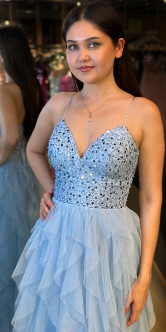 Mavi İp Askılı Boncuk İşlemeli Sırt Dekolteli Kloş Etekli Tül Uzun Abiye Elbise 7588 - 2