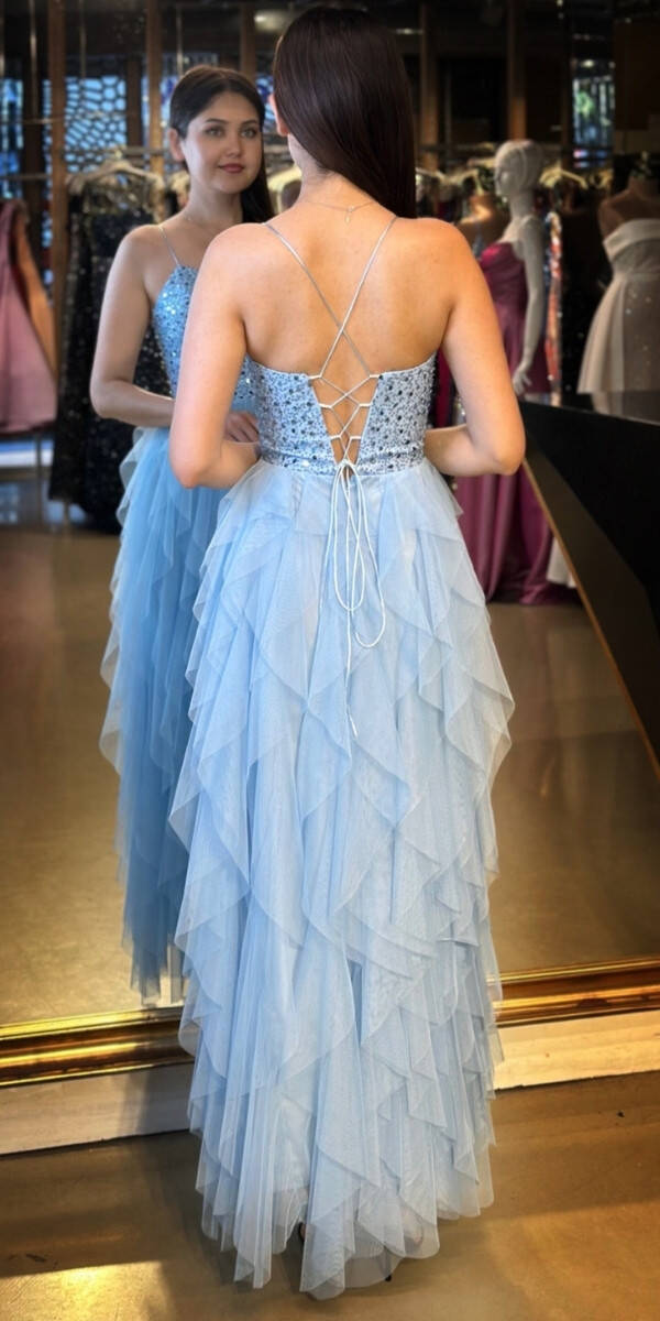 Mavi İp Askılı Boncuk İşlemeli Sırt Dekolteli Kloş Etekli Tül Uzun Abiye Elbise 7588 - 4