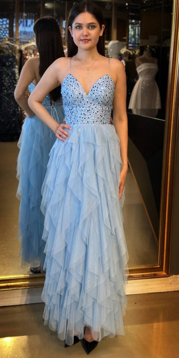 Mavi İp Askılı Boncuk İşlemeli Sırt Dekolteli Kloş Etekli Tül Uzun Abiye Elbise 7588 - 1