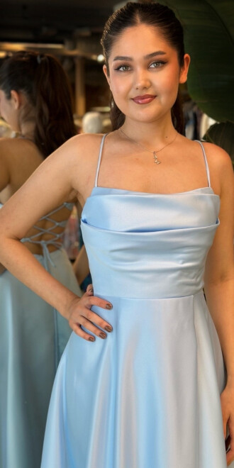 Mavi İp Askılı Sırt Dekolteli Kloş Etekli Saten Uzun Abiye Elbise 7764 - 3