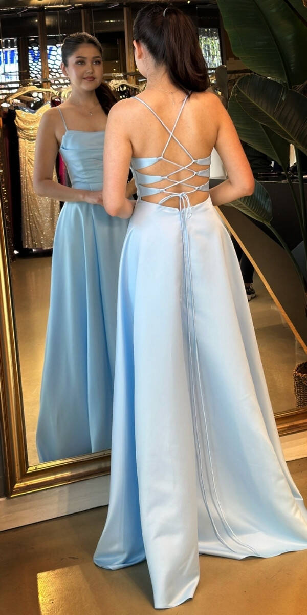 Mavi İp Askılı Sırt Dekolteli Kloş Etekli Saten Uzun Abiye Elbise 7764 - 5