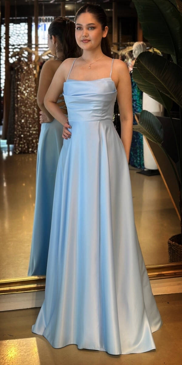 Mavi İp Askılı Sırt Dekolteli Kloş Etekli Saten Uzun Abiye Elbise 7764 - 2