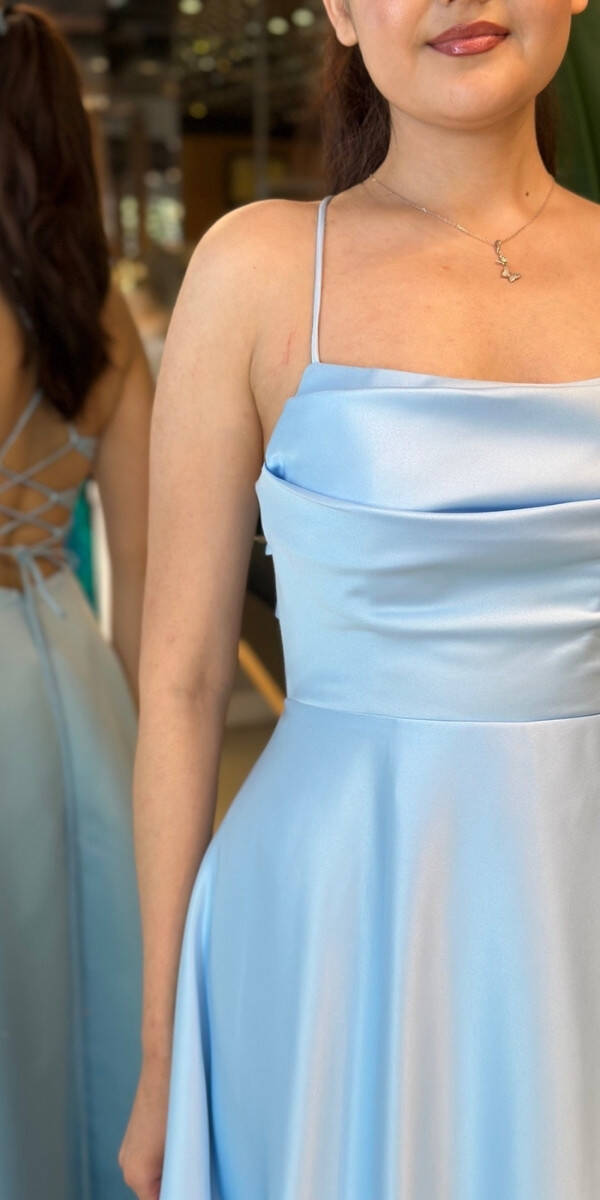 Mavi İp Askılı Sırt Dekolteli Kloş Etekli Saten Uzun Abiye Elbise 7764 - 4