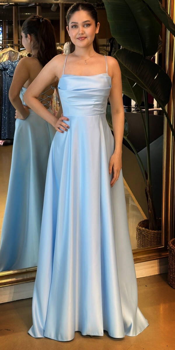 Mavi İp Askılı Sırt Dekolteli Kloş Etekli Saten Uzun Abiye Elbise 7764 - 1