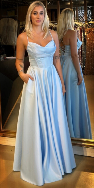 Mavi İp Askılı Sırt Dekolteli Kloş Etekli Saten Uzun Abiye Elbise 7783 - abiyeniall