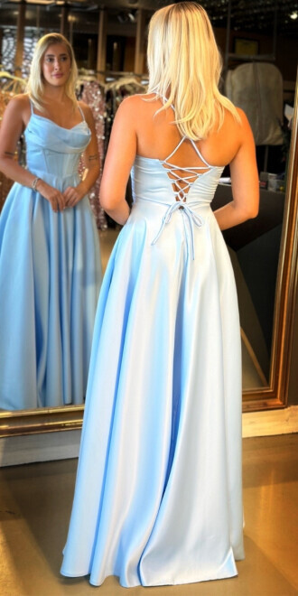 Mavi İp Askılı Sırt Dekolteli Kloş Etekli Saten Uzun Abiye Elbise 7783 - 5