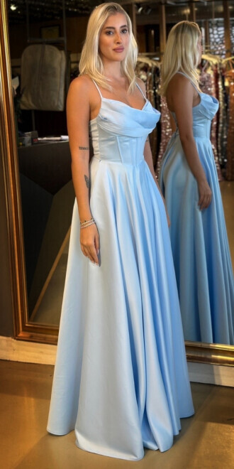 Mavi İp Askılı Sırt Dekolteli Kloş Etekli Saten Uzun Abiye Elbise 7783 - 2