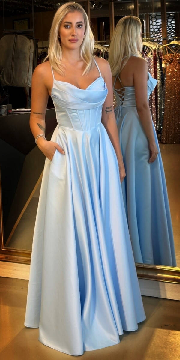 Mavi İp Askılı Sırt Dekolteli Kloş Etekli Saten Uzun Abiye Elbise 7783 - 1