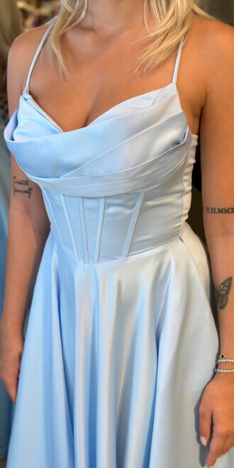 Mavi İp Askılı Sırt Dekolteli Kloş Etekli Saten Uzun Abiye Elbise 7783 - 4