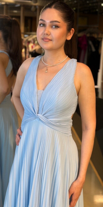 Mavi Kalın Askı Sırt Dekolteli Kloş Etekli Şifon Tül Uzun Abiye Elbise 7645 - 3