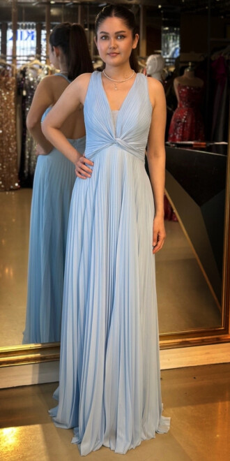 Mavi Kalın Askı Sırt Dekolteli Kloş Etekli Şifon Tül Uzun Abiye Elbise 7645 - 1