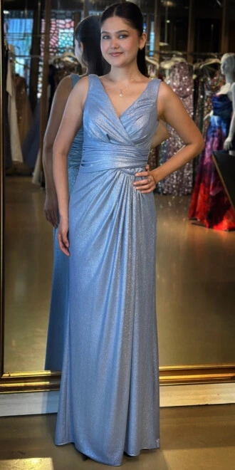 Mavi Kalın Askı V Yaka Anvelop Yırtmaçlı Düz Kesim Simli Uzun Abiye Elbise 11074 