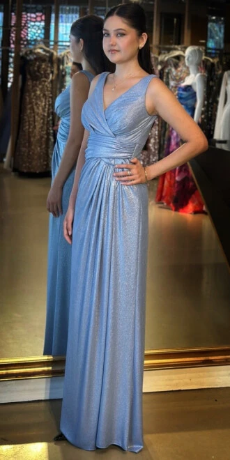 Mavi Kalın Askı V Yaka Anvelop Yırtmaçlı Düz Kesim Simli Uzun Abiye Elbise 11074 - 2