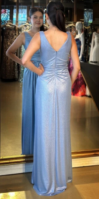 Mavi Kalın Askı V Yaka Anvelop Yırtmaçlı Düz Kesim Simli Uzun Abiye Elbise 11074 - 5