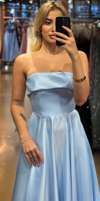 Mavi Straplez Yaka Kloş Etekli Saten Midi Abiye Elbise 7647 - 2