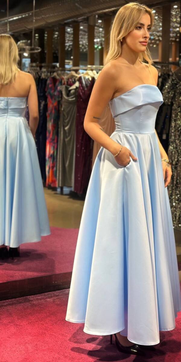 Mavi Straplez Yaka Kloş Etekli Saten Midi Abiye Elbise 7647 - 3