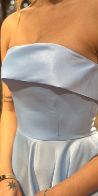 Mavi Straplez Yaka Kloş Etekli Saten Midi Abiye Elbise 7647 - 4