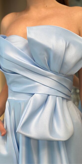 Mavi Kloş Etekli Straplez Yaka Saten Midi Abiye Elbise 7657 - 4