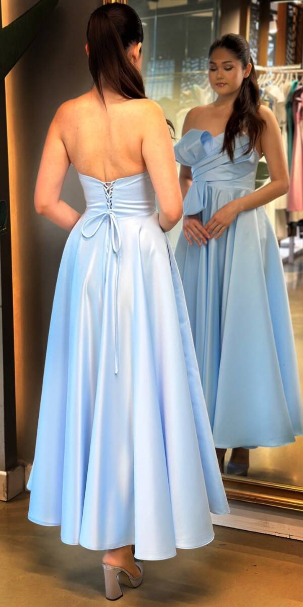 Mavi Kloş Etekli Straplez Yaka Saten Midi Abiye Elbise 7657 - 5