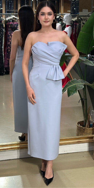 Mavi Kurdele Detaylı Yırtmaçlı Düz Kesim Krep Midi Abiye Elbise 7720 - abiyeniall