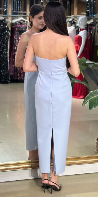 Mavi Kurdele Detaylı Yırtmaçlı Düz Kesim Krep Midi Abiye Elbise 7720 - 2