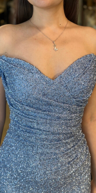 Mavi Madonna Yaka Düz Kesim Pullu Boncuklu Uzun Abiye Elbise 11023 - 4