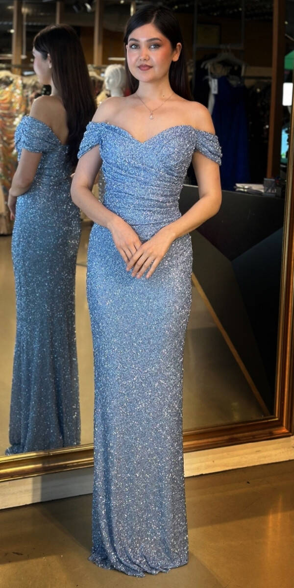 Mavi Madonna Yaka Düz Kesim Pullu Boncuklu Uzun Abiye Elbise 11023 - 1