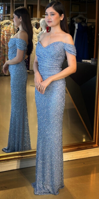 Mavi Madonna Yaka Düz Kesim Pullu Boncuklu Uzun Abiye Elbise 11023 - 2