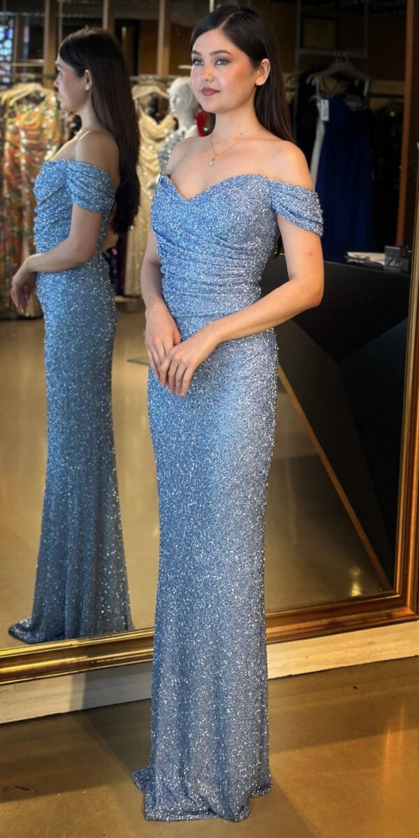 Mavi Madonna Yaka Düz Kesim Pullu Boncuklu Uzun Abiye Elbise 11023 - 2