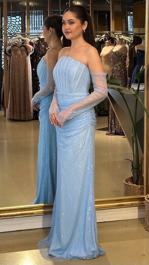 Mavi Straplez Yaka Dantel Detaylı Düz Kesim Likralı Dantel Uzun Abiye Elbise 11248-02 - 2